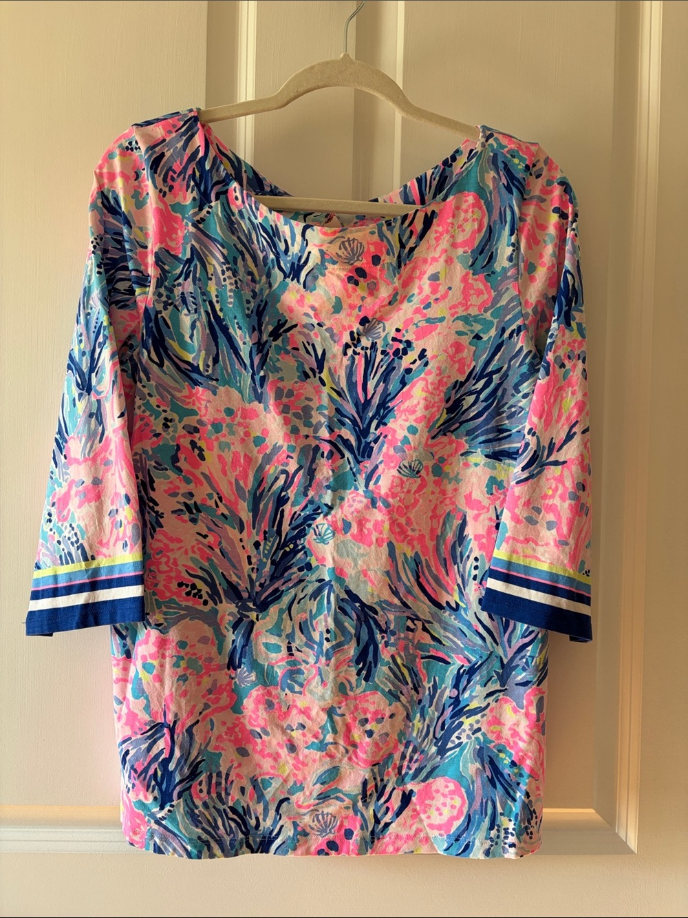 Lilly Pulitzer Floral Scoop Neck 3/4 Sleeve Tunic - Pink & Blue Size Large